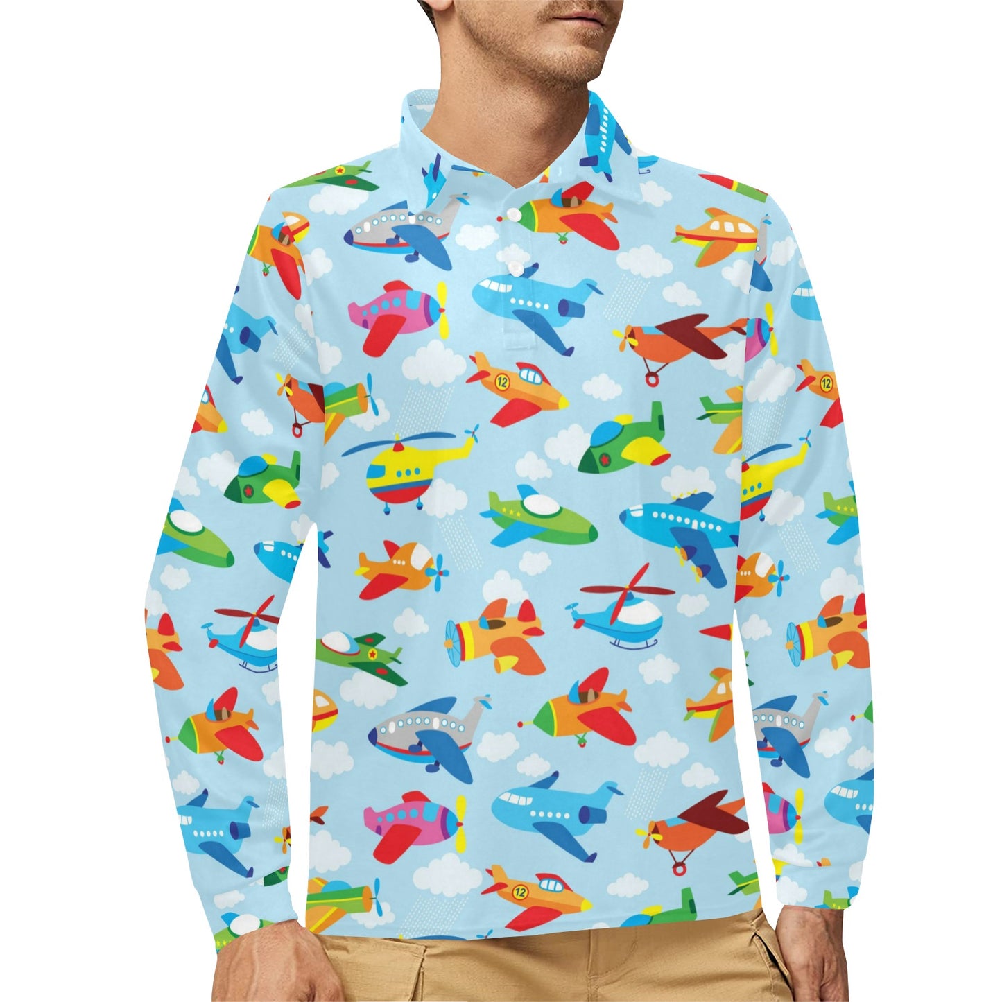 Airplane Colorful Pattern Print Design 01 Long Sleeve Polo Shirt For Men's