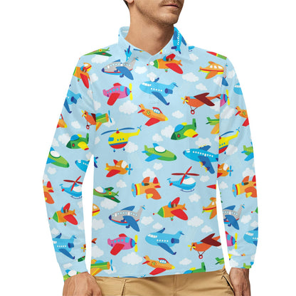 Airplane Colorful Pattern Print Design 01 Long Sleeve Polo Shirt For Men's