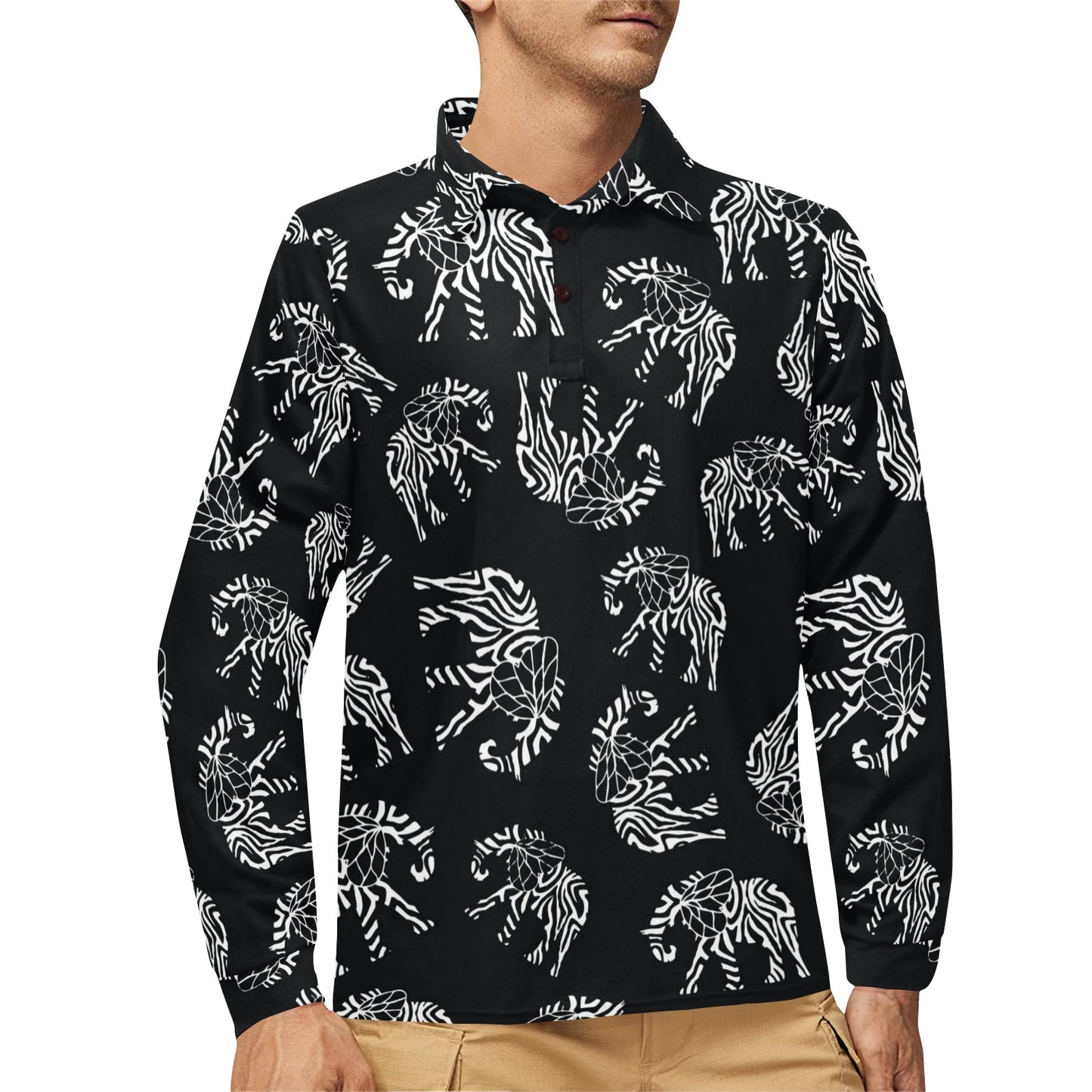 Elephant Tribal Long Sleeve Polo Shirt For Men's