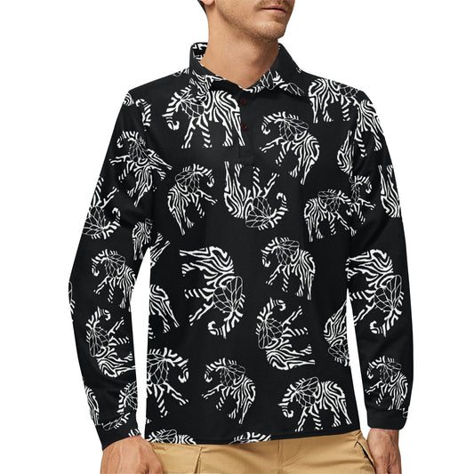 Elephant Tribal Long Sleeve Polo Shirt For Men's