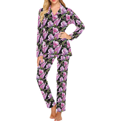 Magnolia Pattern Print Design MAG011 Women's Long Pajama Set