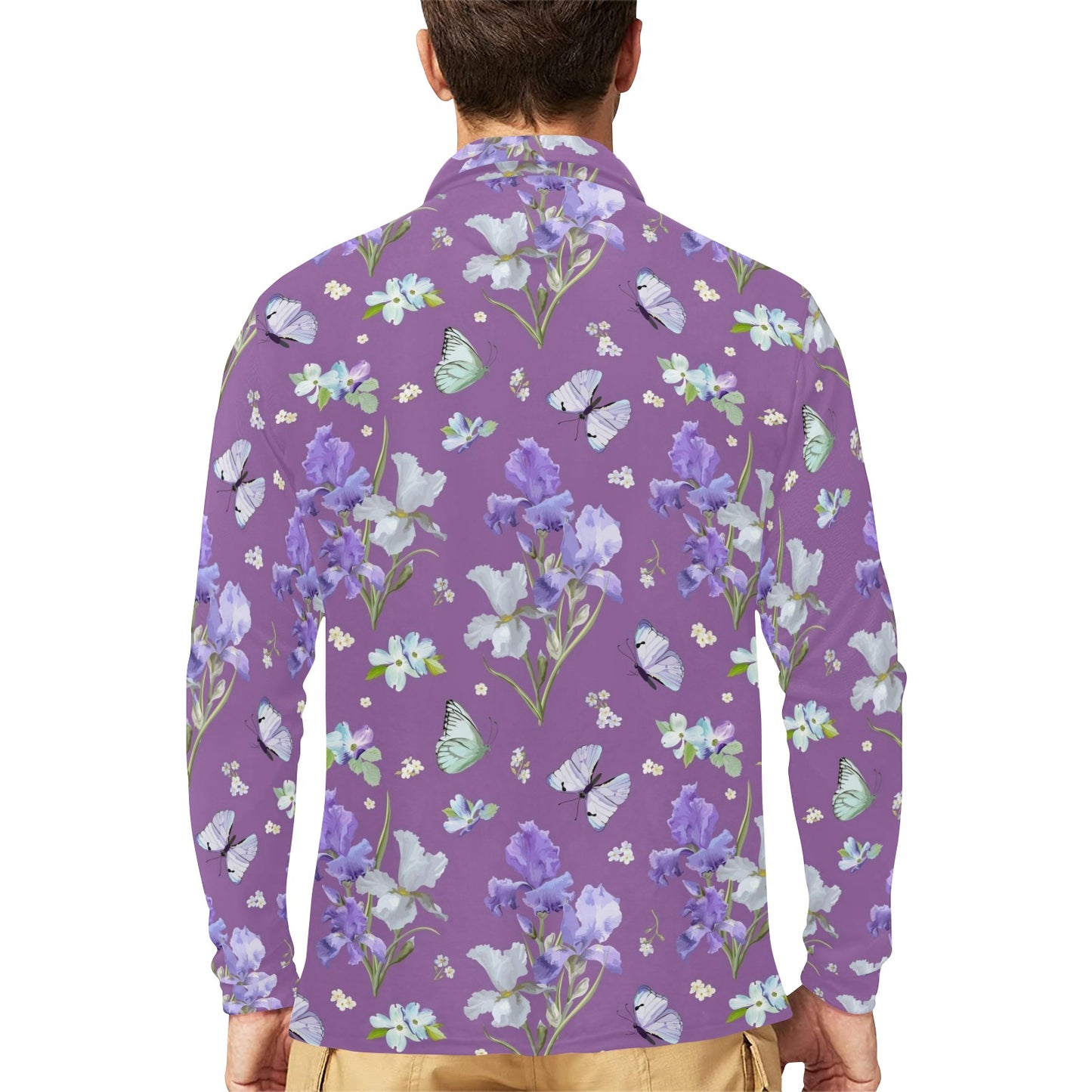 Iris Pattern Print Design IR09 Long Sleeve Polo Shirt For Men's