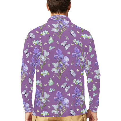 Iris Pattern Print Design IR09 Long Sleeve Polo Shirt For Men's