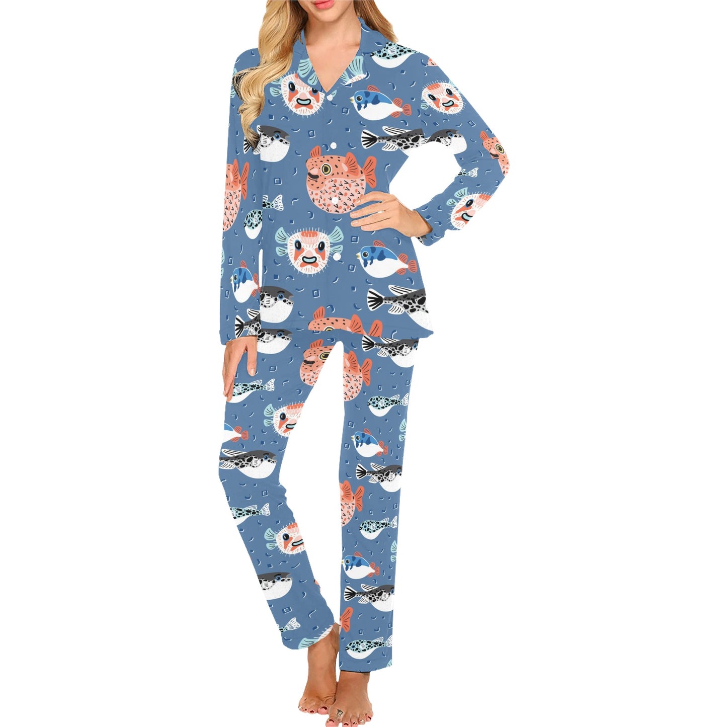 Fugu Pattern Print Design 02 Women's Long Pajama Set