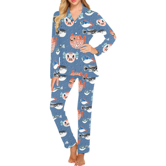 Fugu Pattern Print Design 02 Women's Long Pajama Set