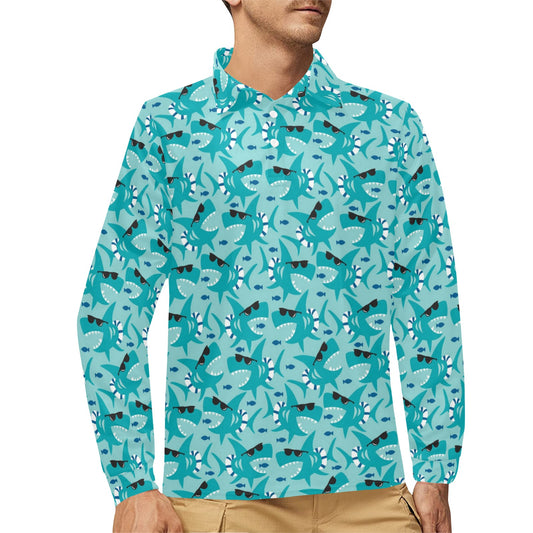Shark Cute Print Design LKS302 Long Sleeve Polo Shirt For Men's