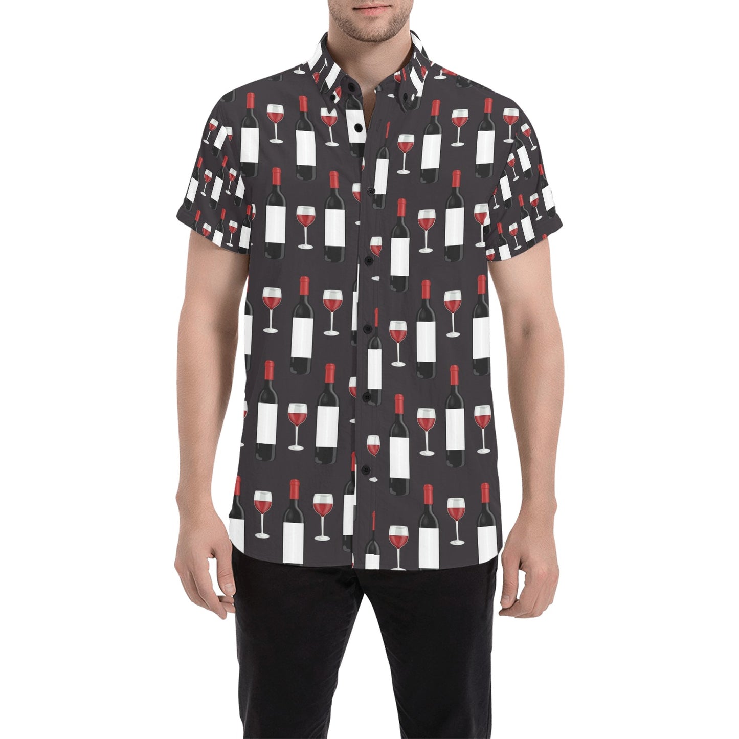 Wine Print Design LKS309 Men Short Sleeve Button Up Shirt