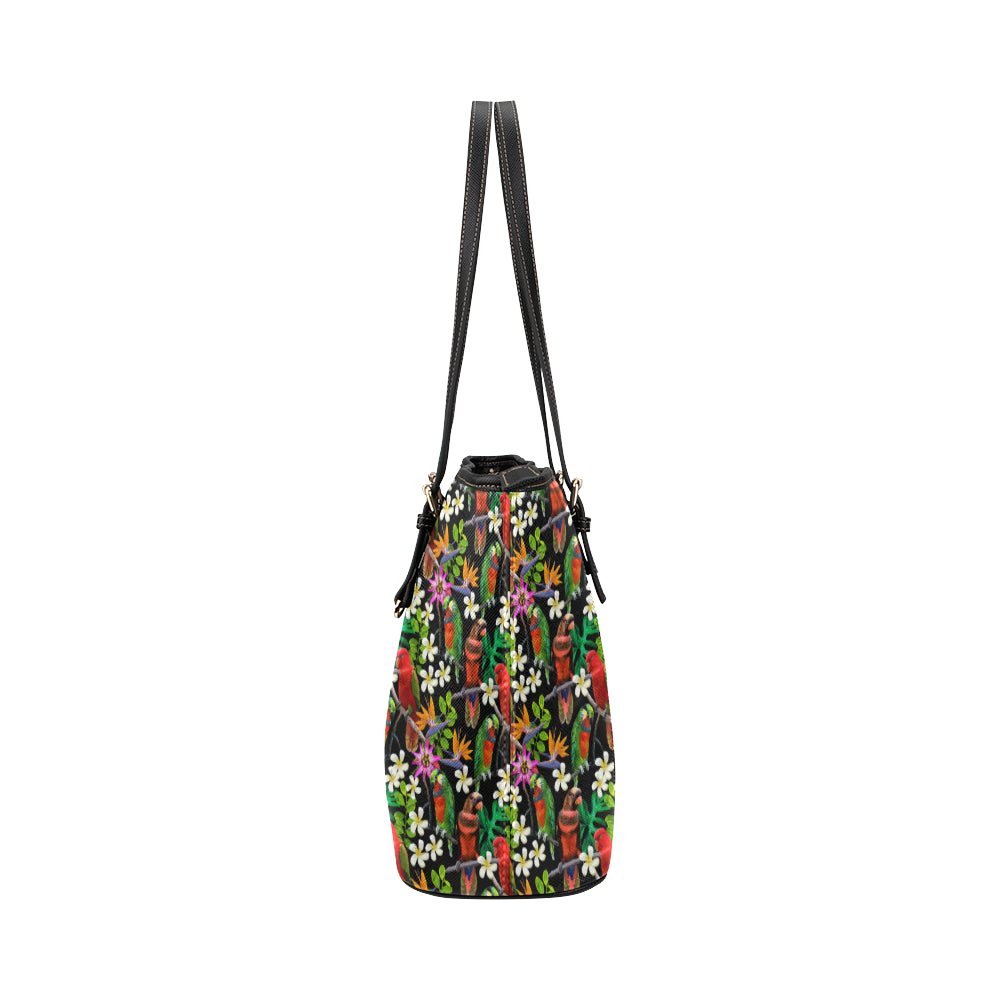 Parrot Design Print Leather Tote Bag