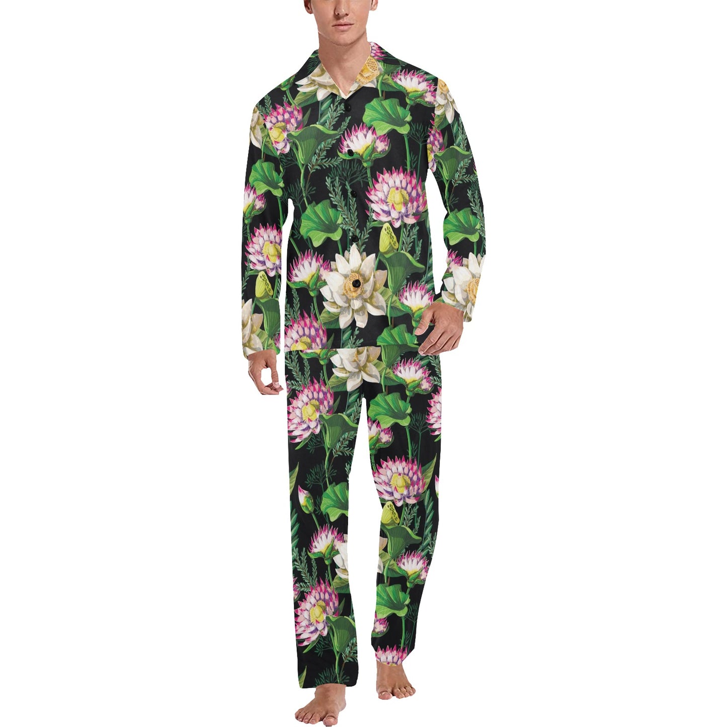 Water Lily Pattern Print Design WL010 Men's Long Pajama Set