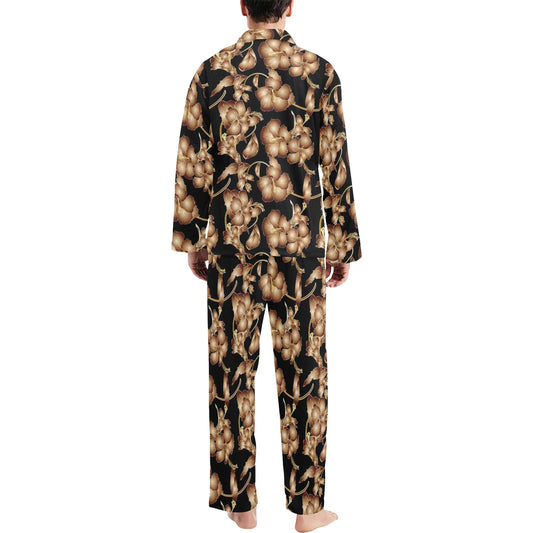 Brown Hibiscus Pattern Print Design HB06 Men's Long Pajama Set