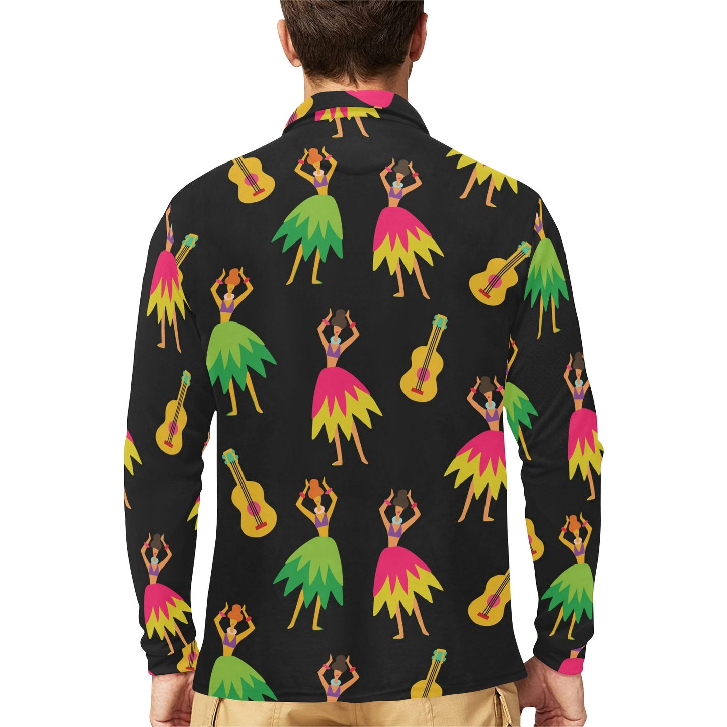 Hula Dancers Hawaiian Girl Pattern Print Design 03 Long Sleeve Polo Shirt For Men's