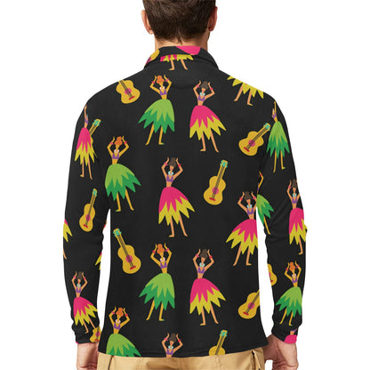 Hula Dancers Hawaiian Girl Pattern Print Design 03 Long Sleeve Polo Shirt For Men's