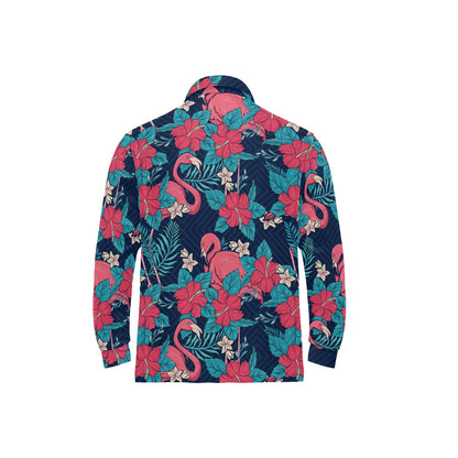 Flamingo Red Hibiscus Pattern Long Sleeve Polo Shirt For Men's