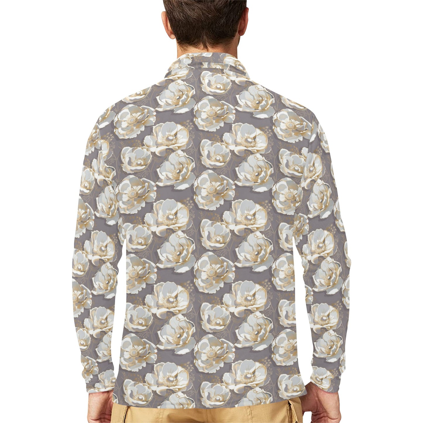 Elegant Grey Flower Print Long Sleeve Polo Shirt For Men's