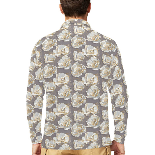 Elegant Grey Flower Print Long Sleeve Polo Shirt For Men's