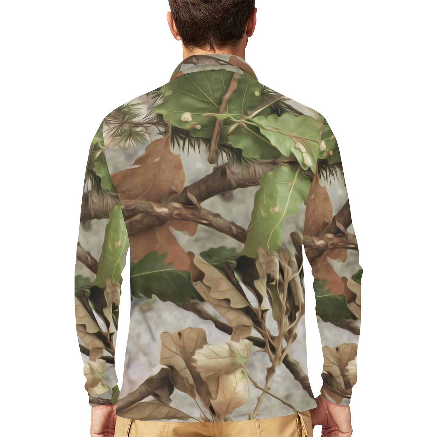 Camo Realistic Tree Forest Print Long Sleeve Polo Shirt For Men's