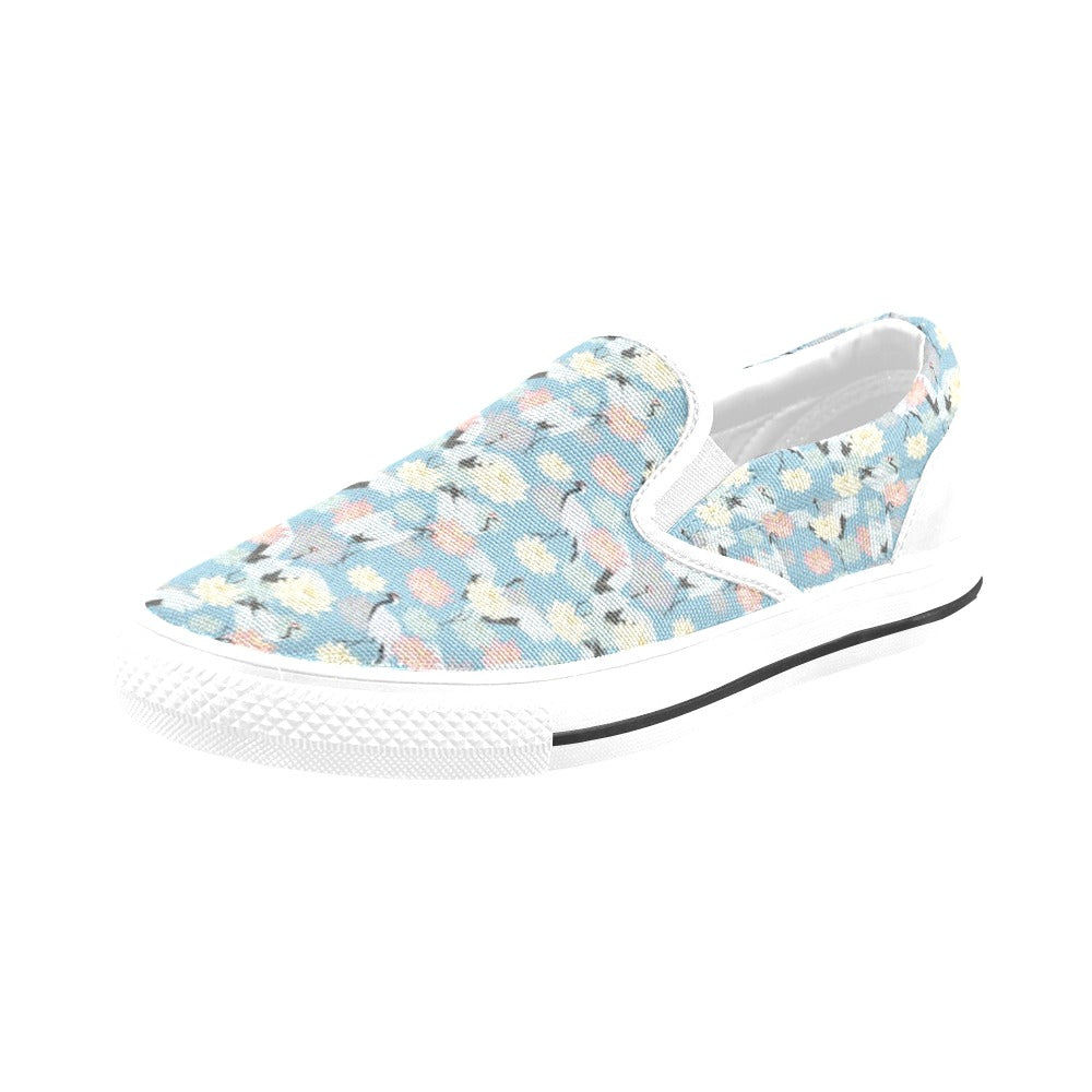 Water Lily Print Design LKS304 White Slip Ons Canvas Women's Shoes