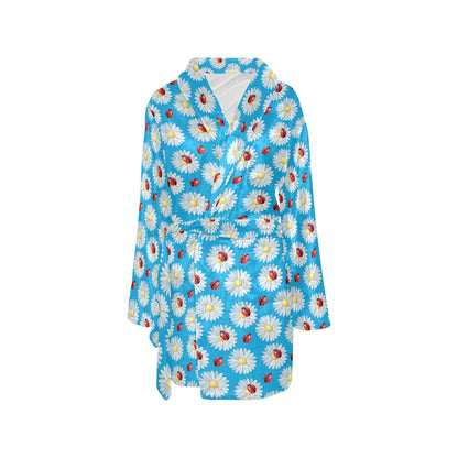 Ladybug with Daisy Themed Print Pattern Women's Fleece Robe