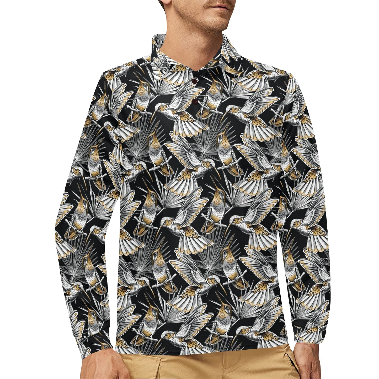 Hummingbird Gold Design Themed Print Long Sleeve Polo Shirt For Men's