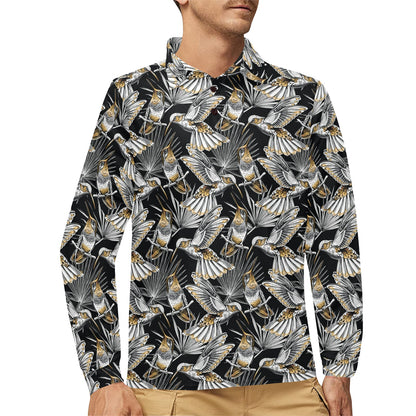 Hummingbird Gold Design Themed Print Long Sleeve Polo Shirt For Men's