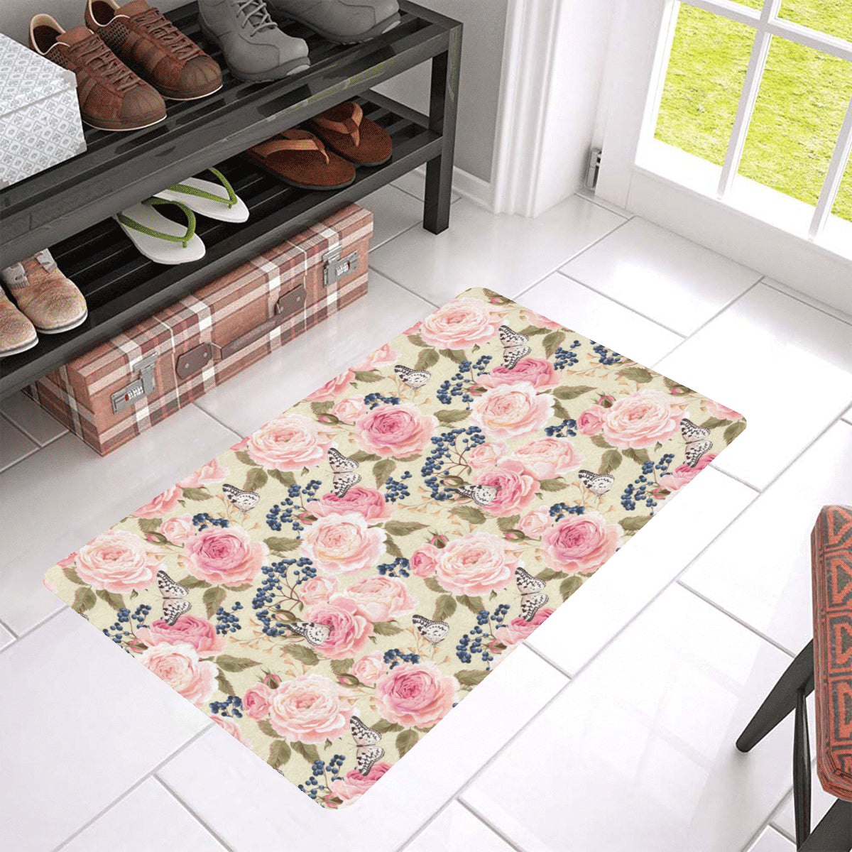 Floral Pink Butterfly Print Rubber Doormat