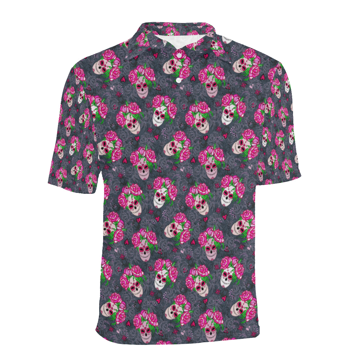 Sugar Skull Pink Rose Themed Print Men Polo Shirt