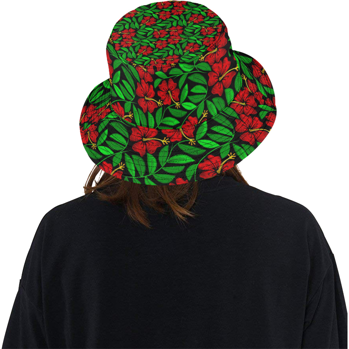 Red Hibiscus Embroidered Pattern Print Design HB03 Unisex Bucket Hat