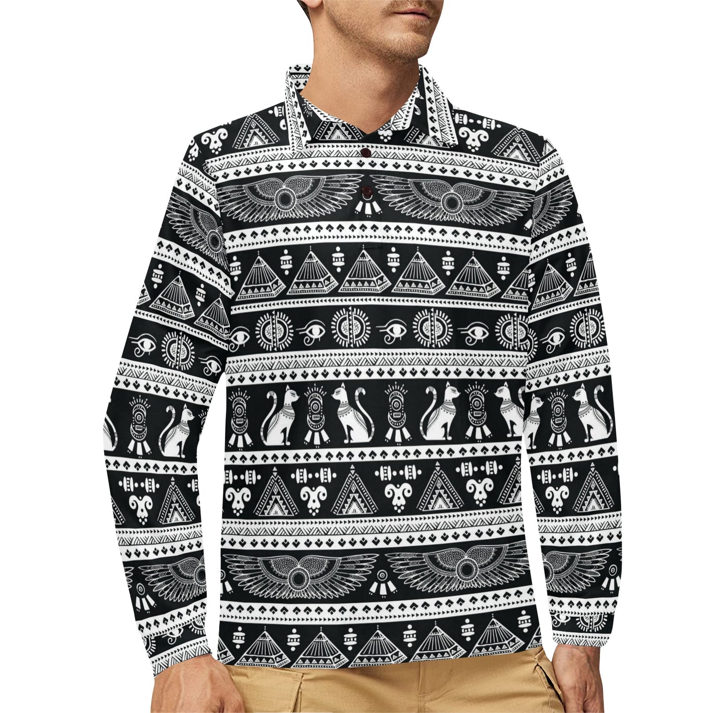 Tribal Pattern Print Design LKS305 Long Sleeve Polo Shirt For Men's