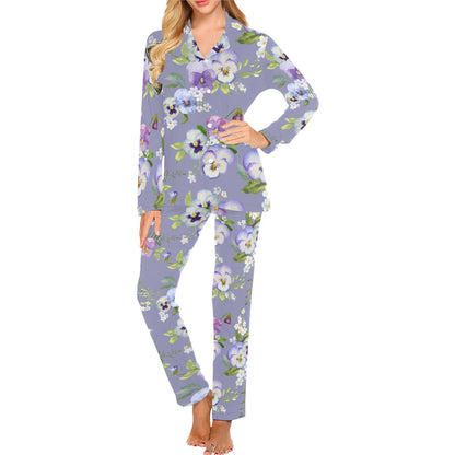 Pansy Pattern Print Design PS05 Women's Long Pajama Set