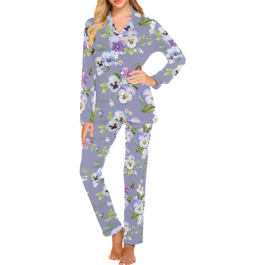 Pansy Pattern Print Design PS05 Women's Long Pajama Set