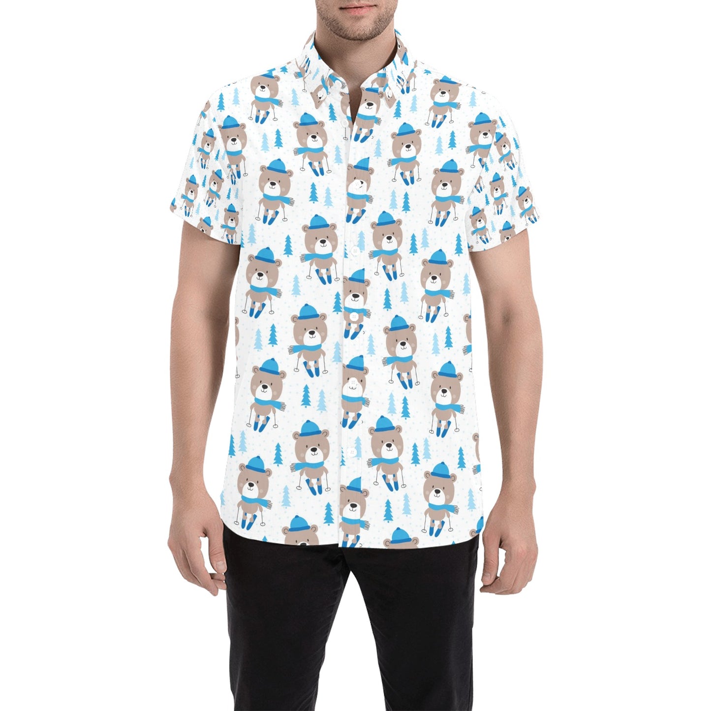 Ski Print Design LKS306 Men Short Sleeve Button Up Shirt