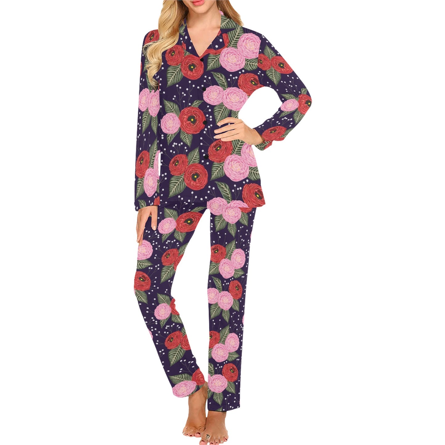 Camellia Pattern Print Design CM02 Women's Long Pajama Set