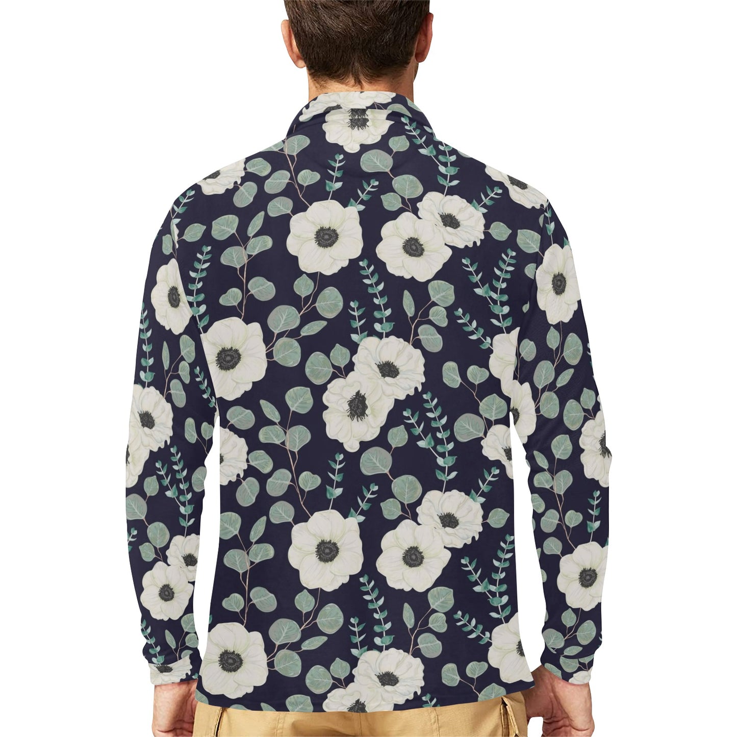 Anemone Pattern Print Design AM01 Long Sleeve Polo Shirt For Men's