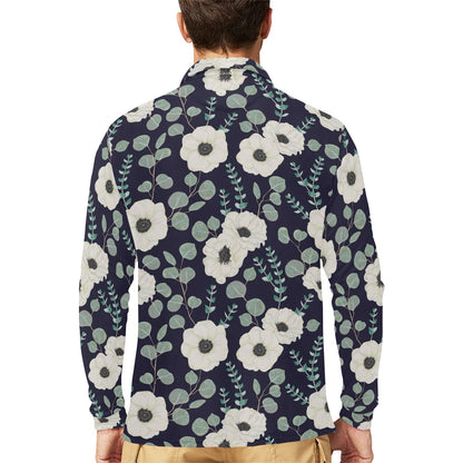 Anemone Pattern Print Design AM01 Long Sleeve Polo Shirt For Men's