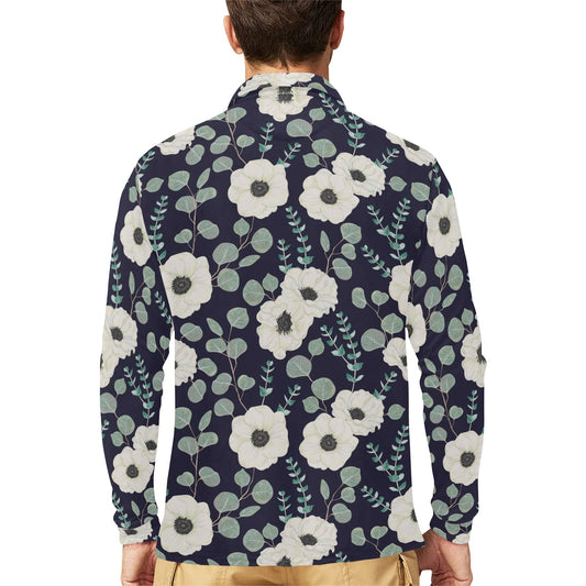 Anemone Pattern Print Design AM01 Long Sleeve Polo Shirt For Men's