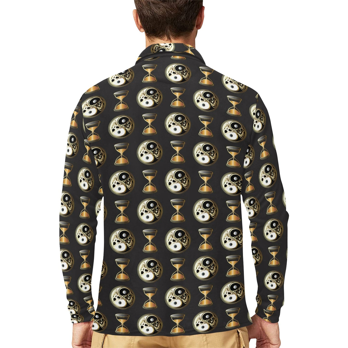 Yin Yang Skull Themed Design Print Long Sleeve Polo Shirt For Men's