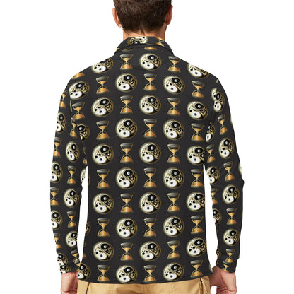 Yin Yang Skull Themed Design Print Long Sleeve Polo Shirt For Men's