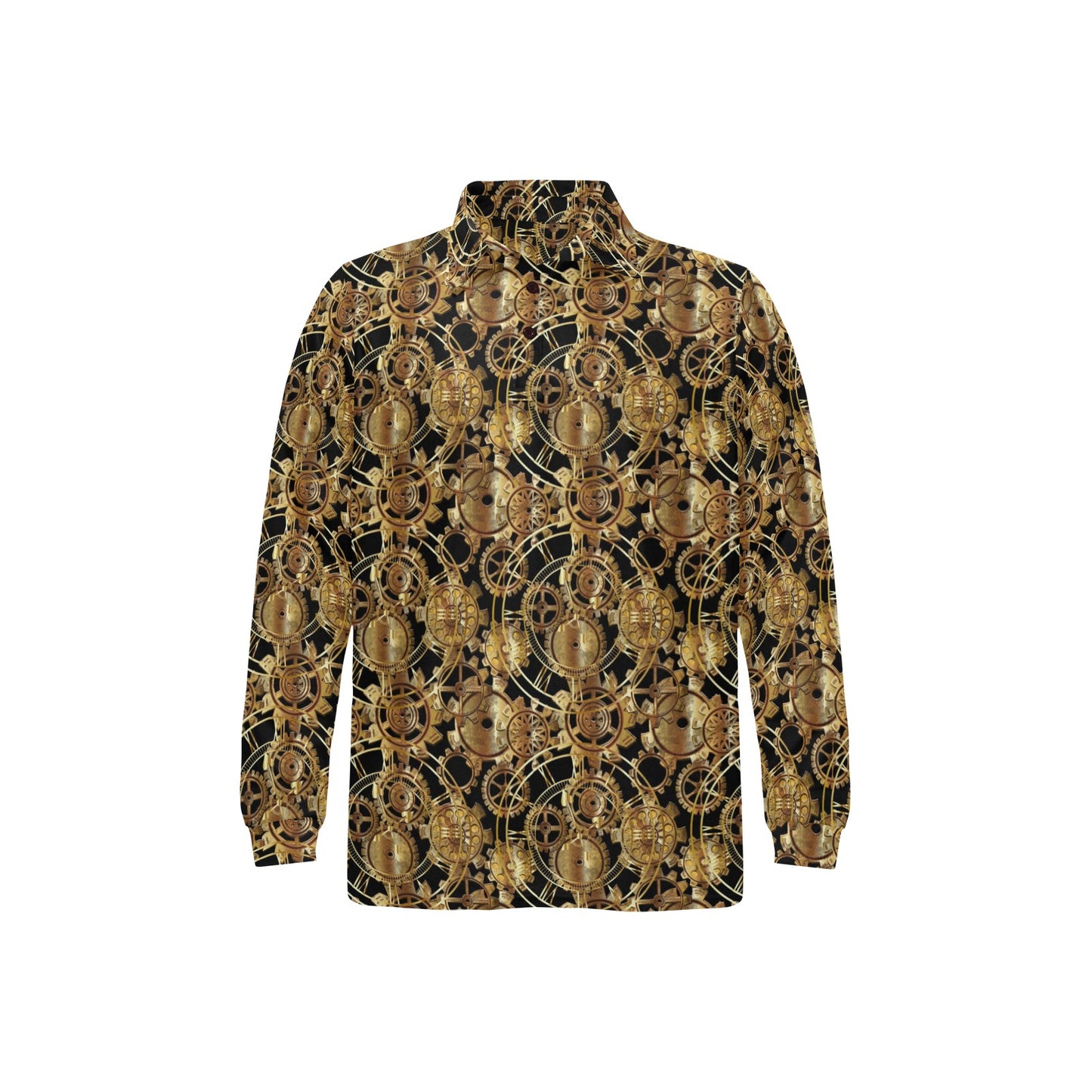 Steampunk Gear Design Themed Print Long Sleeve Polo Shirt For Men's