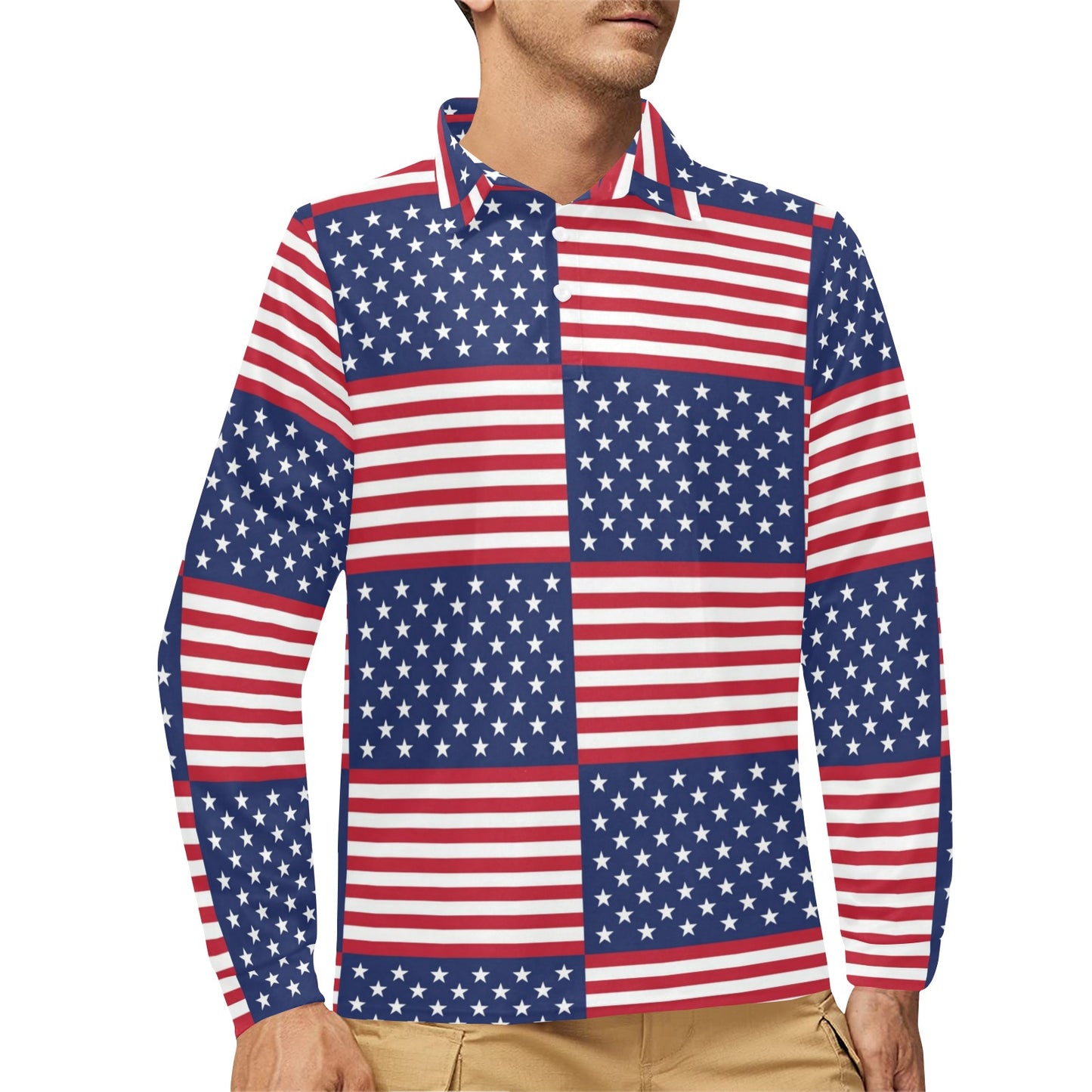Patriotic US Flag Pattern Print Design A03 Long Sleeve Polo Shirt For Men's