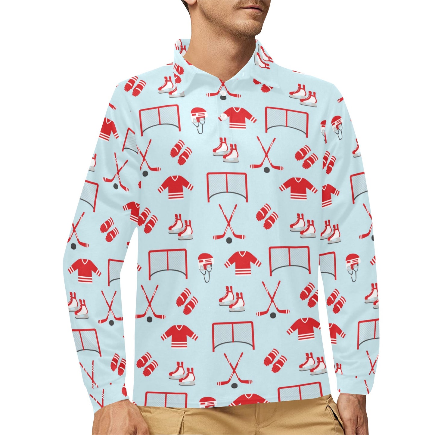 Hockey Red Equipment Print Design LKS305 Long Sleeve Polo Shirt For Men's