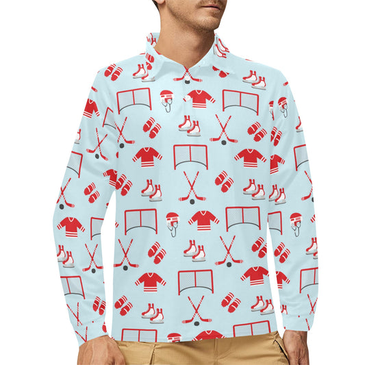 Hockey Red Equipment Print Design LKS305 Long Sleeve Polo Shirt For Men's