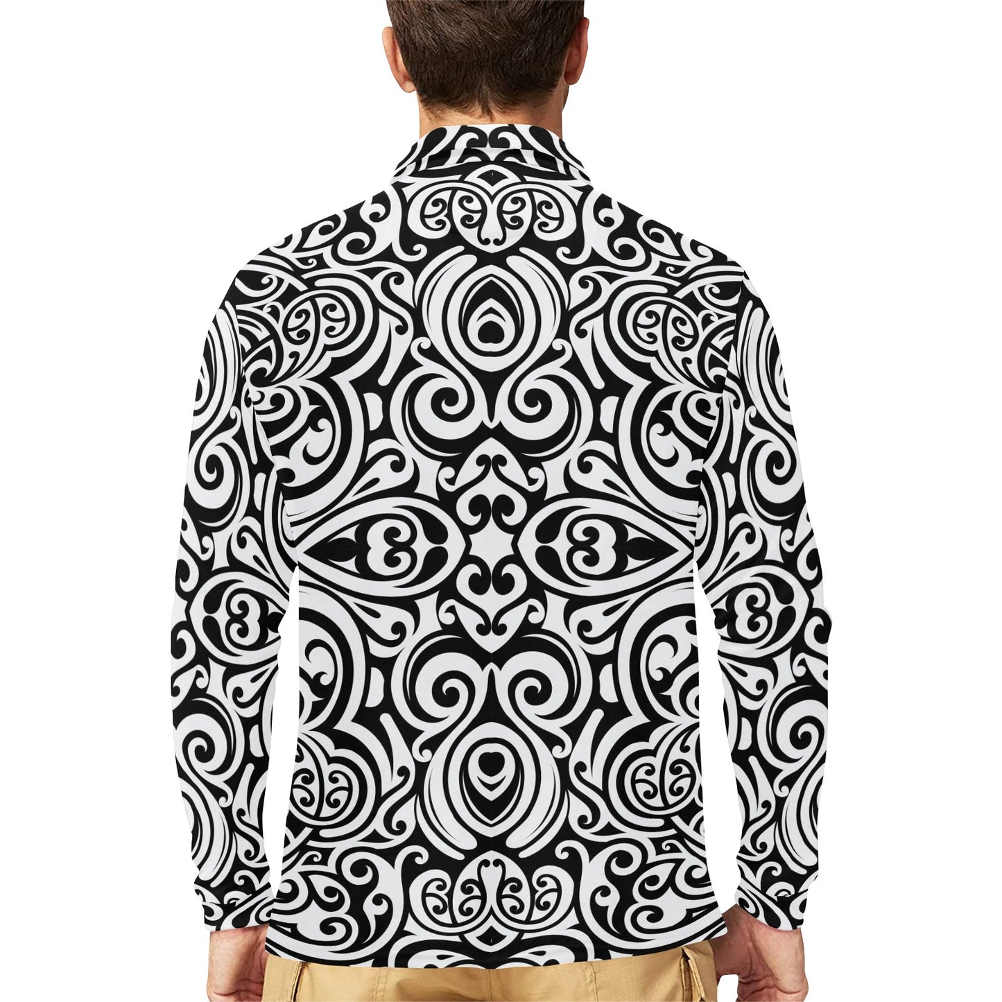 Polynesian Tattoo Pattern Long Sleeve Polo Shirt For Men's