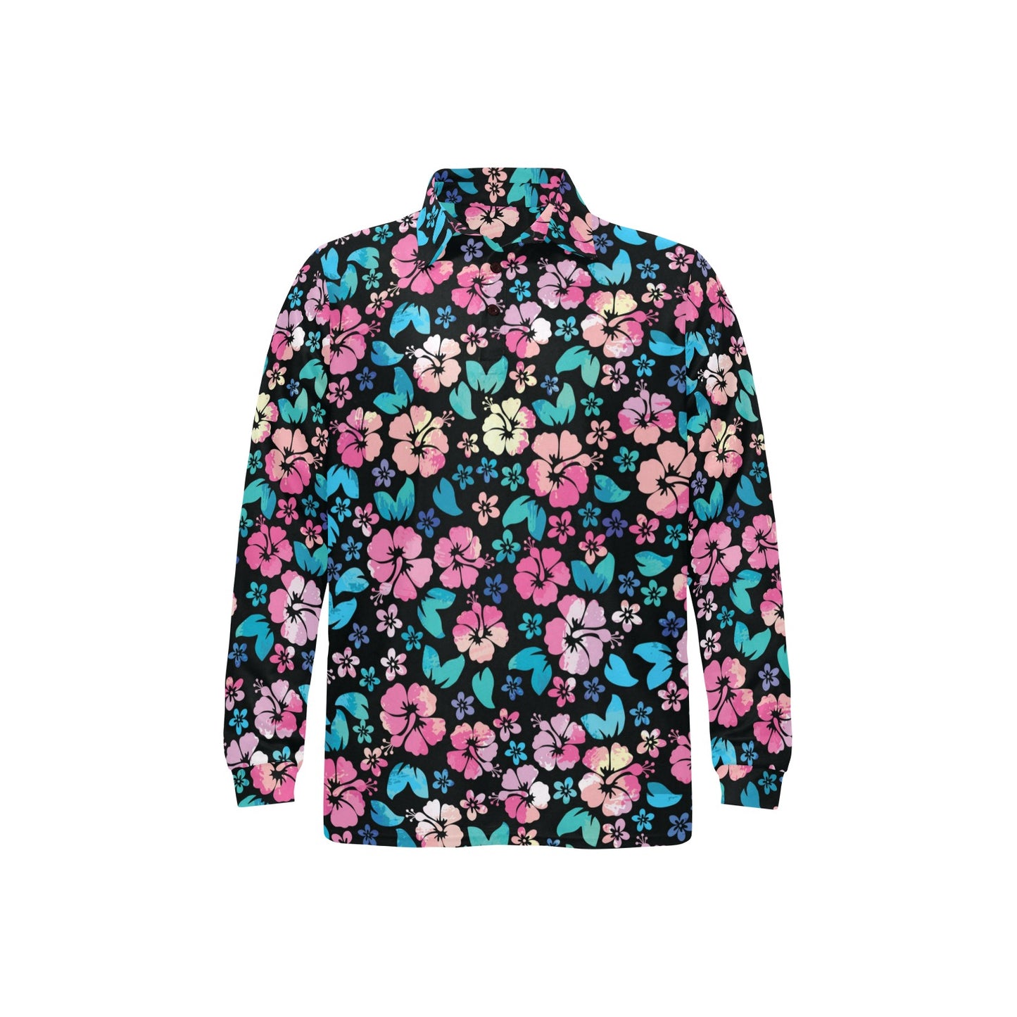 Pink Hibiscus Hawaiian Flower Long Sleeve Polo Shirt For Men's