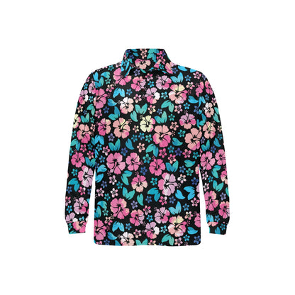 Pink Hibiscus Hawaiian Flower Long Sleeve Polo Shirt For Men's