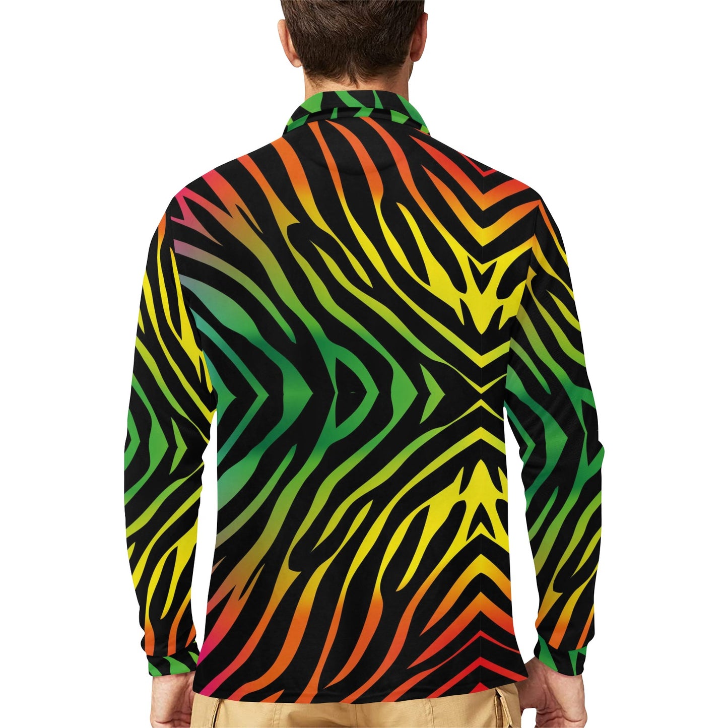 Rainbow Zebra Themed Print Long Sleeve Polo Shirt For Men's