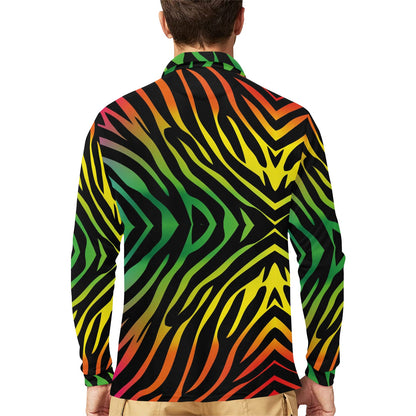 Rainbow Zebra Themed Print Long Sleeve Polo Shirt For Men's