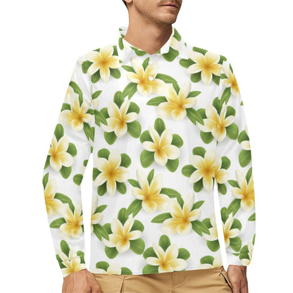 Yellow Plumeria Pattern Print Design PM012 Long Sleeve Polo Shirt For Men's