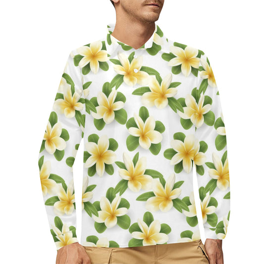 Yellow Plumeria Pattern Print Design PM012 Long Sleeve Polo Shirt For Men's