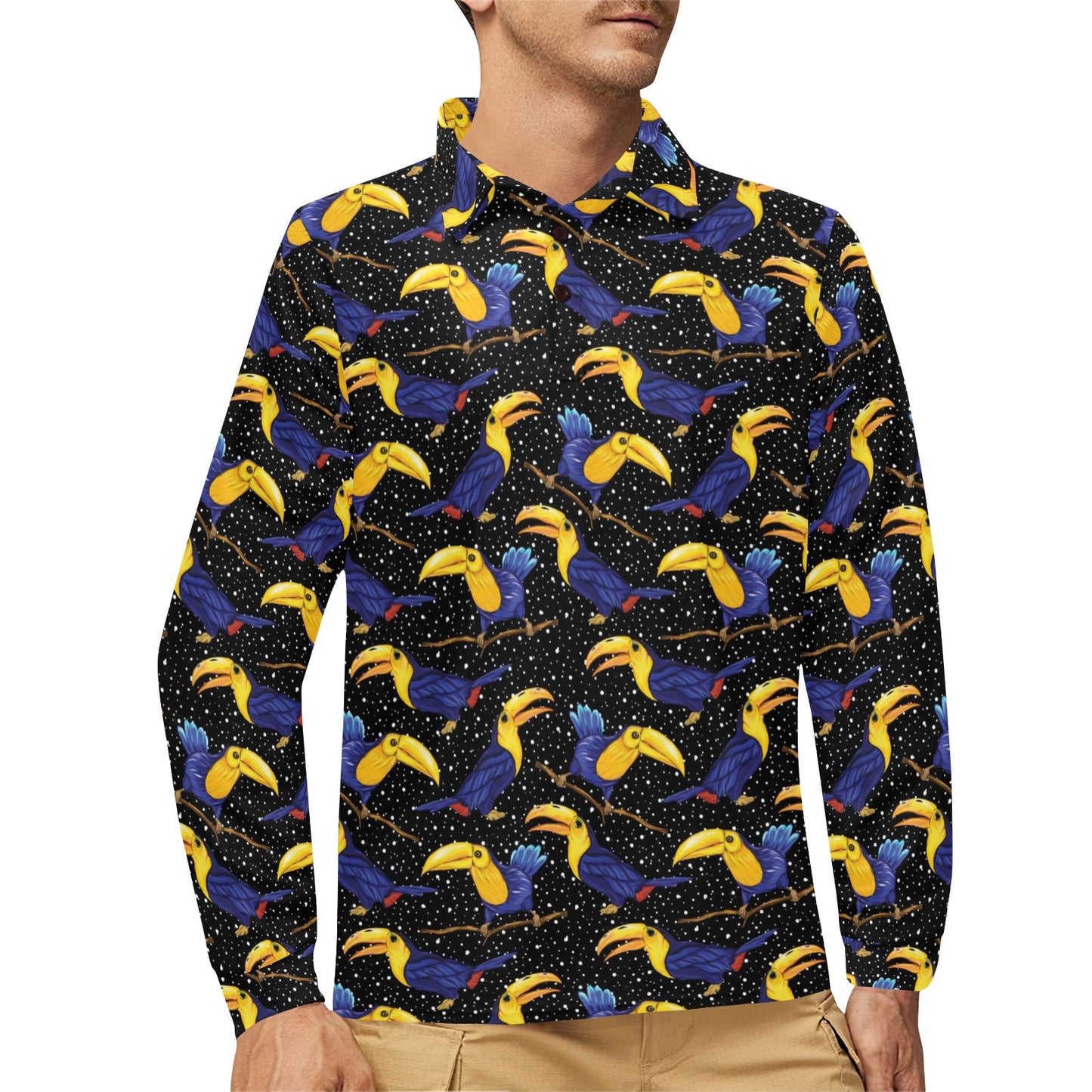 Toucan Print Design LKS307 Long Sleeve Polo Shirt For Men's