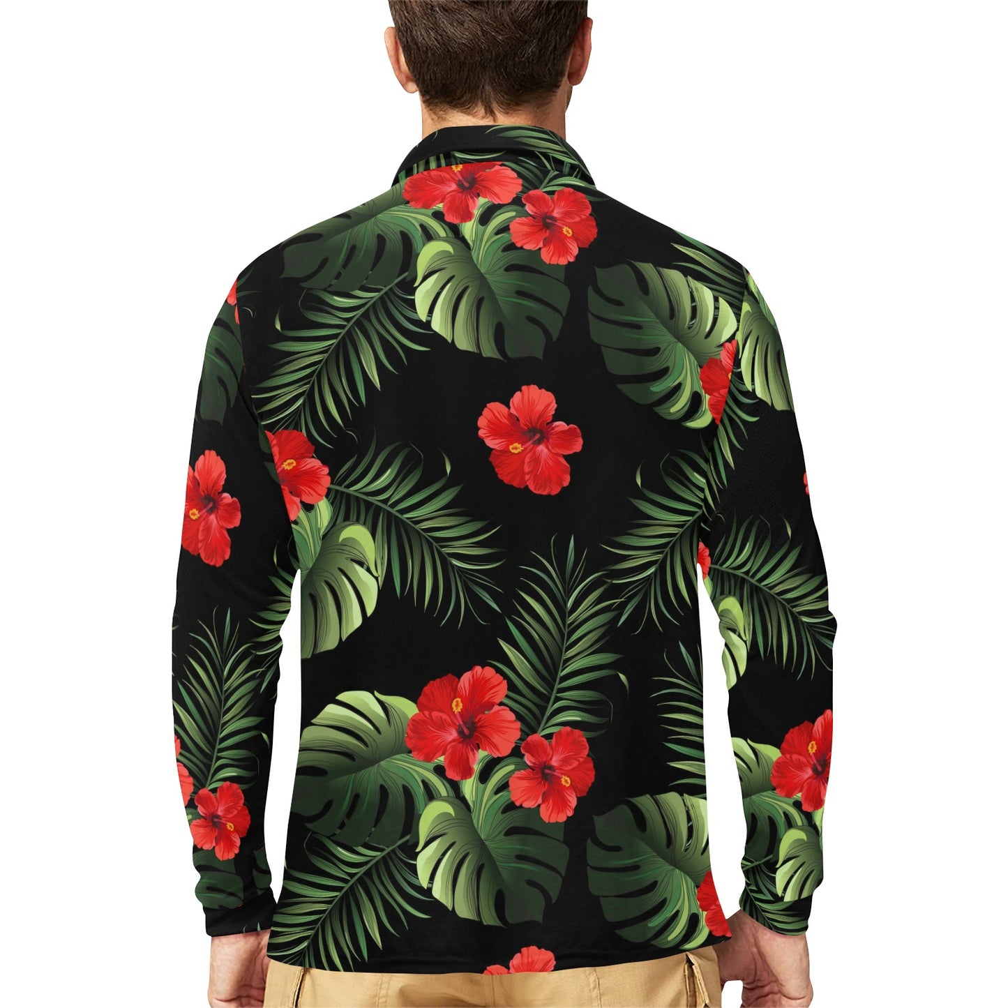 Red Hibiscus Tropical Long Sleeve Polo Shirt For Men's